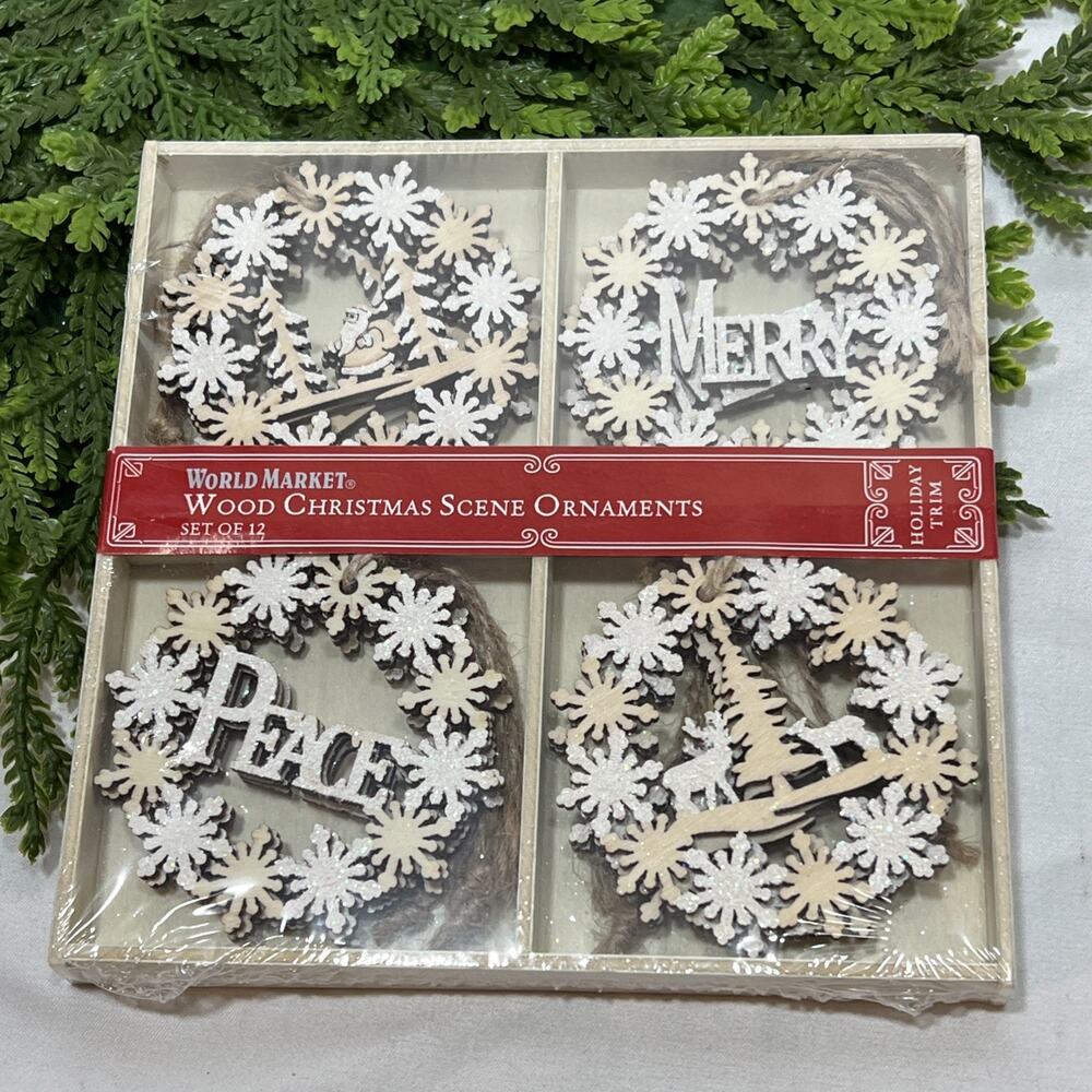 World Market Wood Christmas Scene Ornaments Set of 12 White Glitter Peace Merry